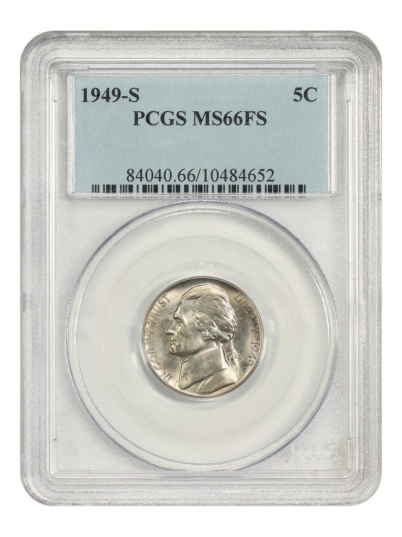 1949-S 5C PCGS MS66FS - Jefferson Nickel: 1949-S 5C PCGS MS66FS - Jefferson Nickel The 1949-S Jefferson Nickel, graded MS66FS by PCGS, showcases exceptional mint state condition with subtle hints of wear. This uncirculated coin boasts a rich 