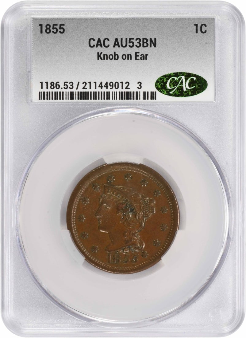 Large cent knob ear AU53BN CACG: Large cent knob ear AU53BN CACG The AU53BN CACG Large Cent features a braided hair design by Christian Gobrecht, a distinctive characteristic of the coin. Made from copper with a diameter of 27.50