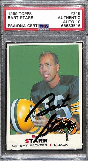 Bart Starr HOF Packers Signed/ Auto 1969 TOPPS Football Card #215 PSA/ DNA 187837: Bart Starr HOF Packers Signed/ Auto 1969 TOPPS Football Card #215 PSA/ DNA 187837 Bart Starr, the legendary quarterback and Hall of Famer, has signed his iconic 1969 Topps football card #215. This