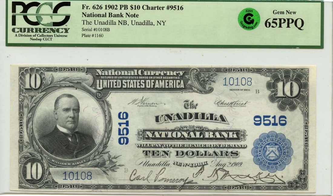 National PB #626 FR Unadilla NB New York PPQ $10 65 1902 GEM 9516 CH PCGS GCC: National PB #626 FR Unadilla NB New York PPQ $10 65 1902 GEM 9516 CH PCGS GCC MS65 graded 1902 National PB #626, featuring a stunning Gem condition with certification from PCGS. This Uncirculated note