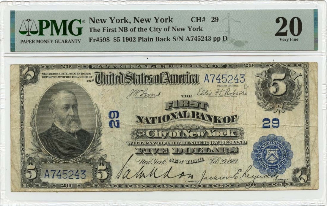 1902 $5 National PB FR#598 First NB City of New York, New York CH#29 PMG VF20: 1902 $5 National PB FR#598 First NB City of New York, New York CH#29 PMG VF20 This 1902 $5 National Bank Note (FR#598) features the First NB City of New York, with serial number CH#29. Graded VF20 by 