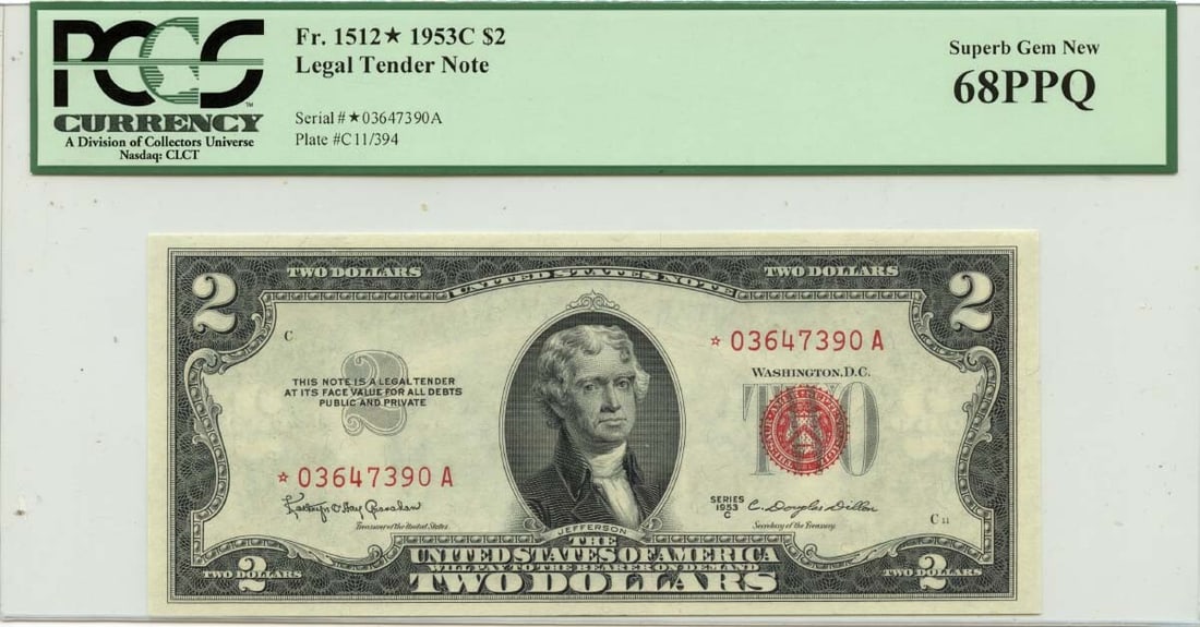 1953C $2 Legal Tender Star Note FR#1512* PCGS Superb MS68 PPQ: 1953C $2 Legal Tender Star Note FR#1512* PCGS Superb MS68 PPQ PCGS Superb MS68 PPQ, this 1953C $2 Legal Tender Star Note boasts a stunning grade from the prestigious Professional Currency Grading (PCG