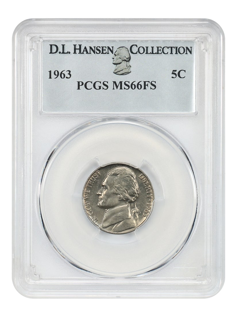 1963 5c PCGS MS66FS ex: D.L. Hansen - Jefferson Nickel: 1963 5c PCGS MS66FS ex: D.L. Hansen - Jefferson Nickel The 1963 Jefferson Nickel, graded MS66FS by PCGS, boasts exceptional condition with minimal signs of wear. This uncirculated coin features the ic