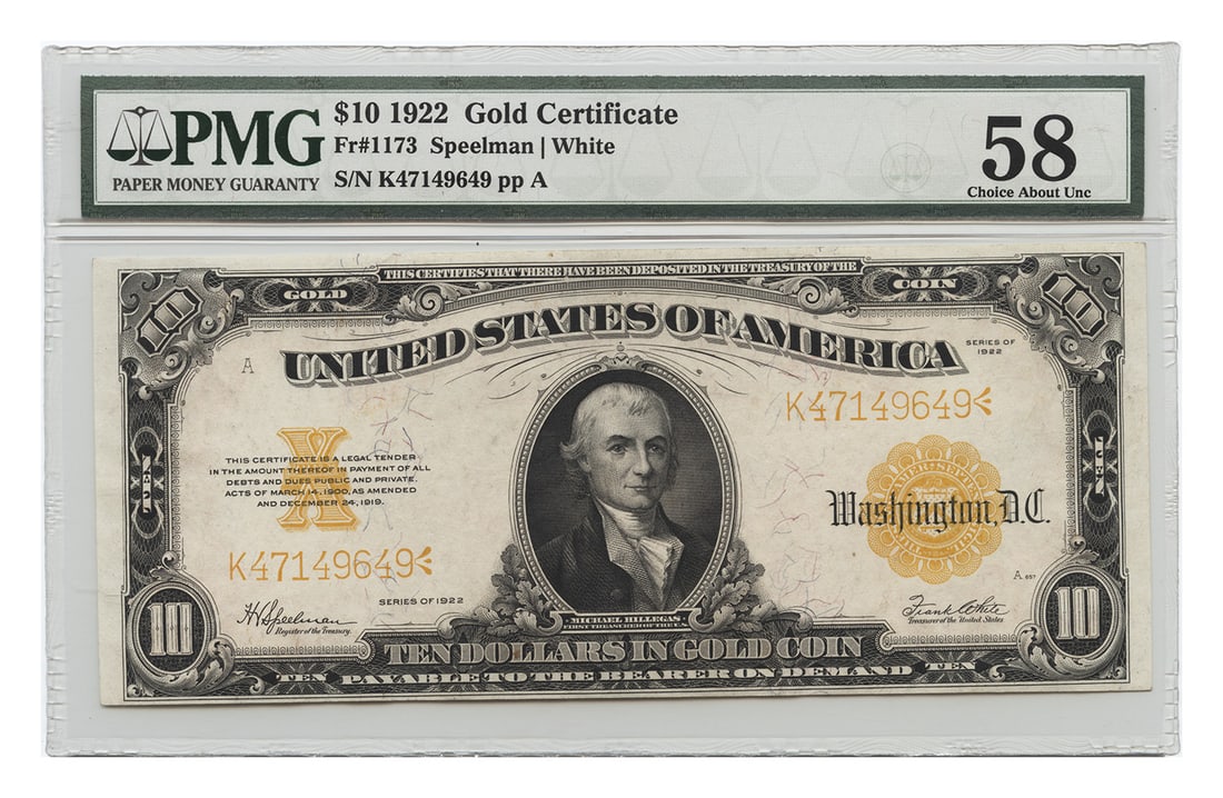 $10 Gold Certificate FR 1173 1922 Large Size PMG Choice AU58: $10 Gold Certificate FR 1173 1922 Large Size PMG Choice AU58 The $10 Gold Certificate FR 1173 from 1922 boasts a striking Large Size design, featuring intricate details and a rich history. Certified b
