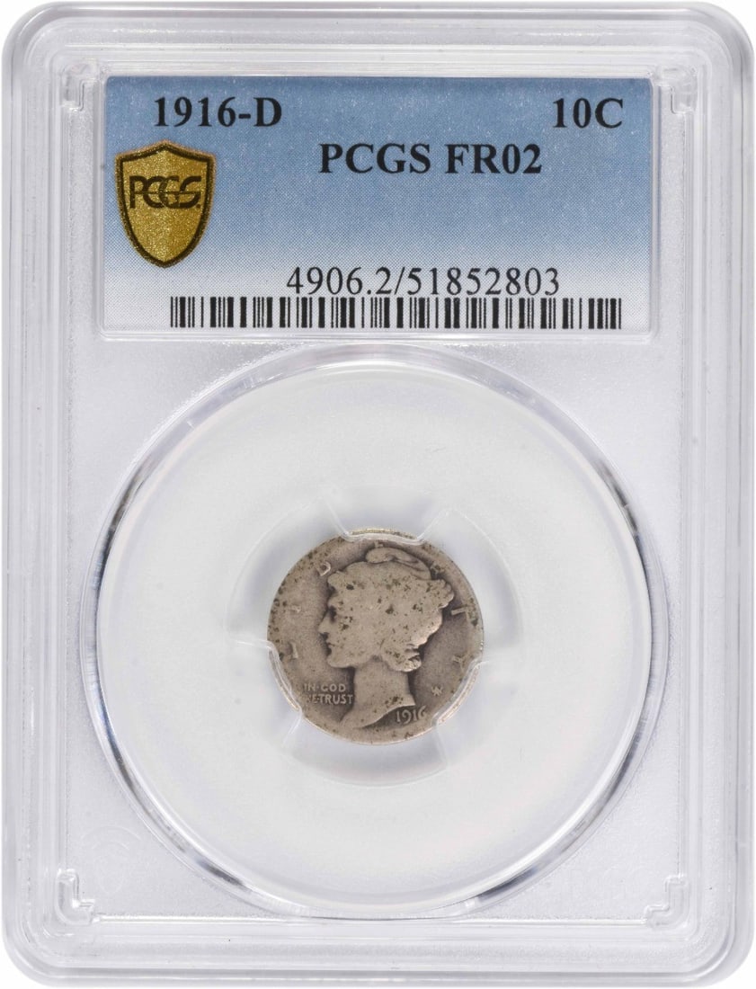 1916-D Mercury Silver Dime FR02 PCGS: 1916-D Mercury Silver Dime FR02 PCGS The 1916-D Mercury Silver Dime features Adolph Alexander Weinman's iconic design, showcasing the Mercury head in a flowing drapery. This circulated coin has been c