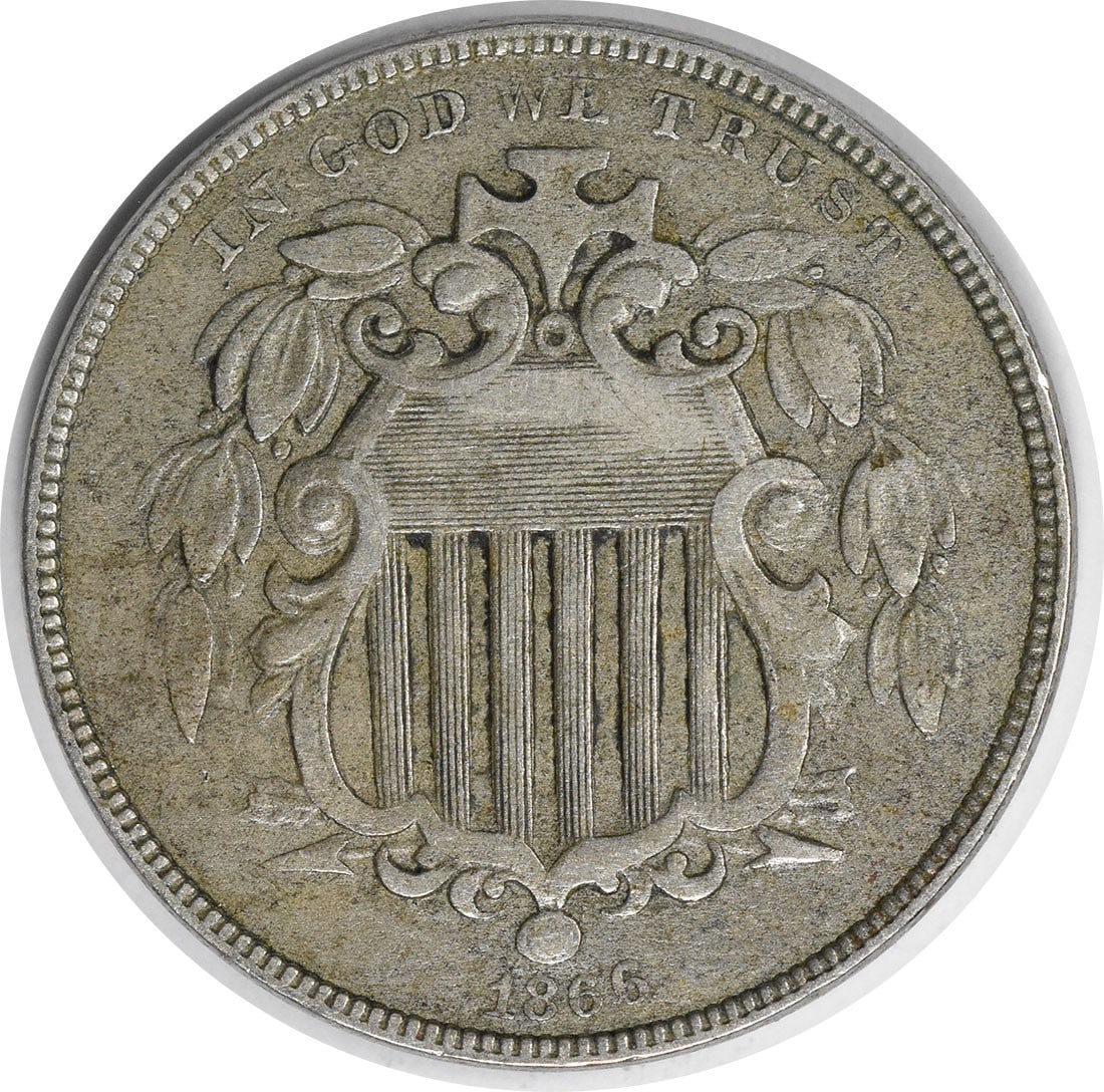 1866 Shield Nickel Rays VF Uncertified: 1866 Shield Nickel Rays VF Uncertified The 1866 Shield Nickel Rays features a striking design by James Barton Longacre, with the rays emanating from the shield's center. This circulated coin showcases