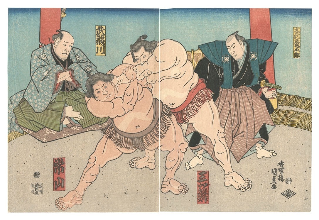 Kunisada I Japanese Woodblock Print Sumo e Diptych Wrestlers Edo Period 1843 47 (1 of 1)