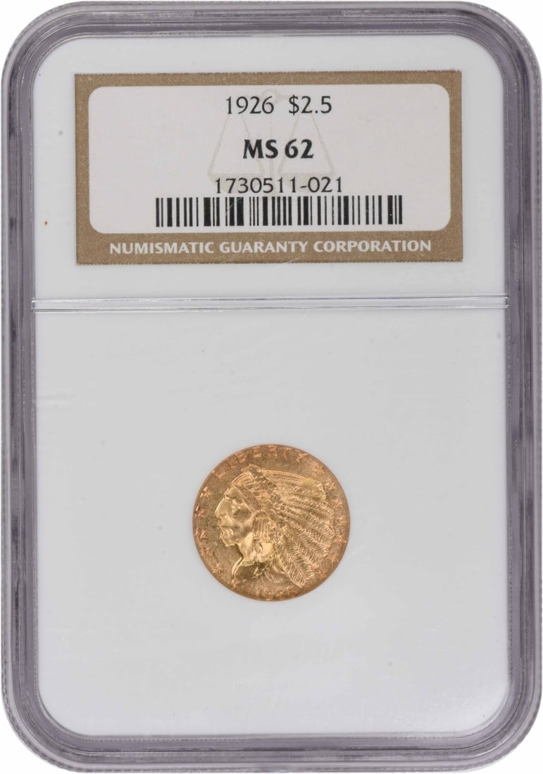 1926 $2.50 Gold Indian MS62 NGC: 1926 $2.50 Gold Indian MS62 NGC The 1926 $2.50 Gold Indian MS62 NGC features a striking design by Bela Lyon Pratt, with its 90% gold and 10% copper composition making it a unique piece of American num