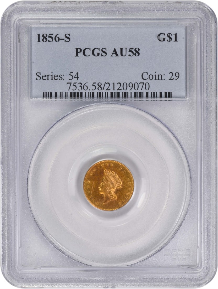 $1 Gold 1856 S PCGS AU58: $1 Gold 1856 S PCGS AU58 The $1 Gold 1856 S PCGS AU58 features a striking combination of 90% gold and 10% copper, with a reeded edge that adds to its historical charm. Certified by the Professional Co