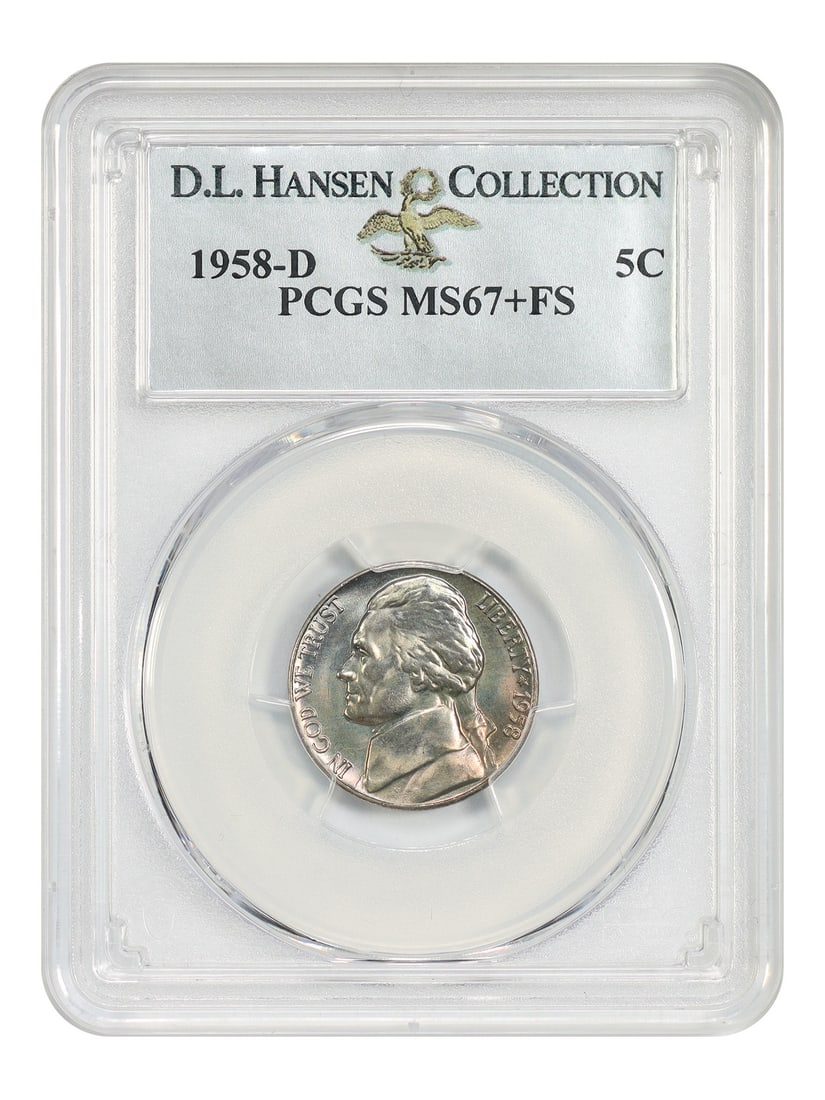 1958-D 5c PCGS MS67+FS ex: D.L. Hansen - Jefferson Nickel: 1958-D 5c PCGS MS67+FS ex: D.L. Hansen - Jefferson Nickel 1958-D Jefferson Nickel in MS67+ condition, certified by PCGS with certification number 38197320. This coin features the iconic 1958-D design 