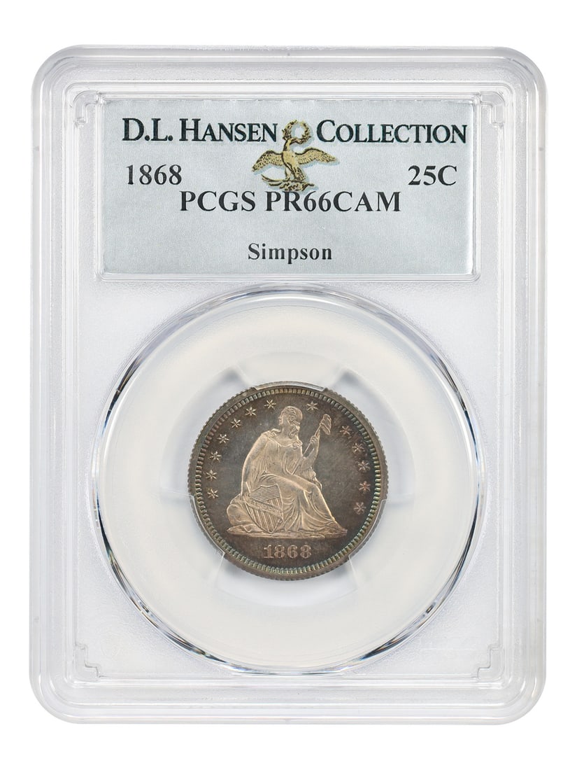 1868 25C PCGS PR66CAM ex: Simpson: 1868 25C PCGS PR66CAM ex: Simpson The 1868 25C PCGS PR66CAM coin boasts an impressive grade of PR66, indicating its exceptional condition. This stunning example was previously owned by Simpson and now