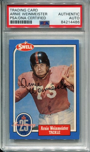 Arnie Weinmeister Autographed 1988 Swell Card #125 (PSA): Arnie Weinmeister Autographed 1988 Swell Card #125 (PSA) Arnie Weinmeister's sharpie signature across the front of the card adds a unique touch to this 1988 Swell Card #125, now authenticated and slab