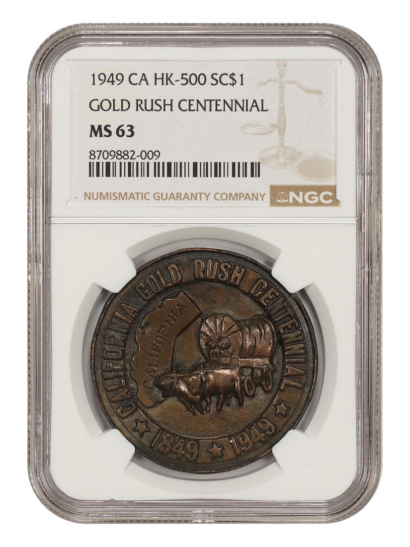 So-Called Dollar: 1949 Medal NGC MS63 (HK-500, CA, Gold Rush Centennial): So-Called Dollar: 1949 Medal NGC MS63 (HK-500, CA, Gold Rush Centennial) The 1949 So-Called Dollar Medal, graded MS63 by the Numismatic Guaranty Corporation (NGC), showcases a stunning example of gold