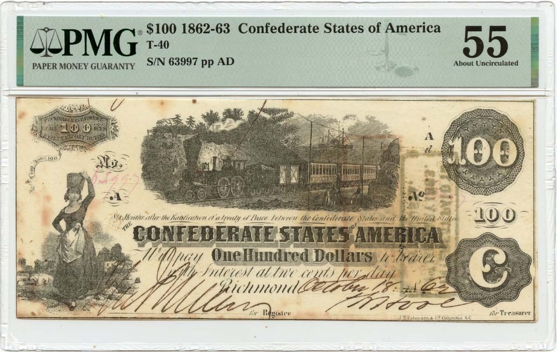 1862 $100 Confederate States of America T-40 CSA PMG AU55: 1862 $100 Confederate States of America T-40 CSA PMG AU55 The 1862 $100 Confederate States of America T-40, graded AU55 by PMG, is an uncirculated note featuring the signature of its artist. This rare