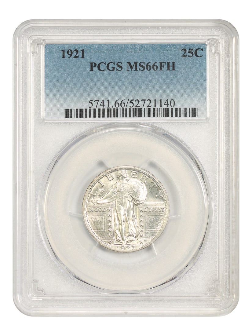 Quarter MS66FH Liberty Standing 1921 25C PCGS: Quarter MS66FH Liberty Standing 1921 25C PCGS MS66FH Liberty Standing 1921 25C PCGS, certified uncirculated with a high-grade grade from the Professional Coin Grading Service (PCGS). This coin feature