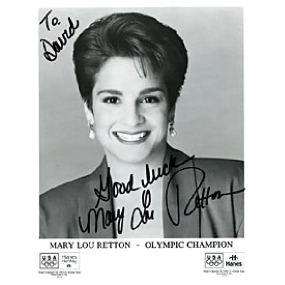 Mary Lou Retton Autographed Olympic Celebrity Black & White 8x10 Photo: Mary Lou Retton Autographed Olympic Celebrity Black & White 8x10 Photo Mary Lou Retton's iconic black and white photo, signed in sharpie with a personal message to David, captures her Olympic spirit. 