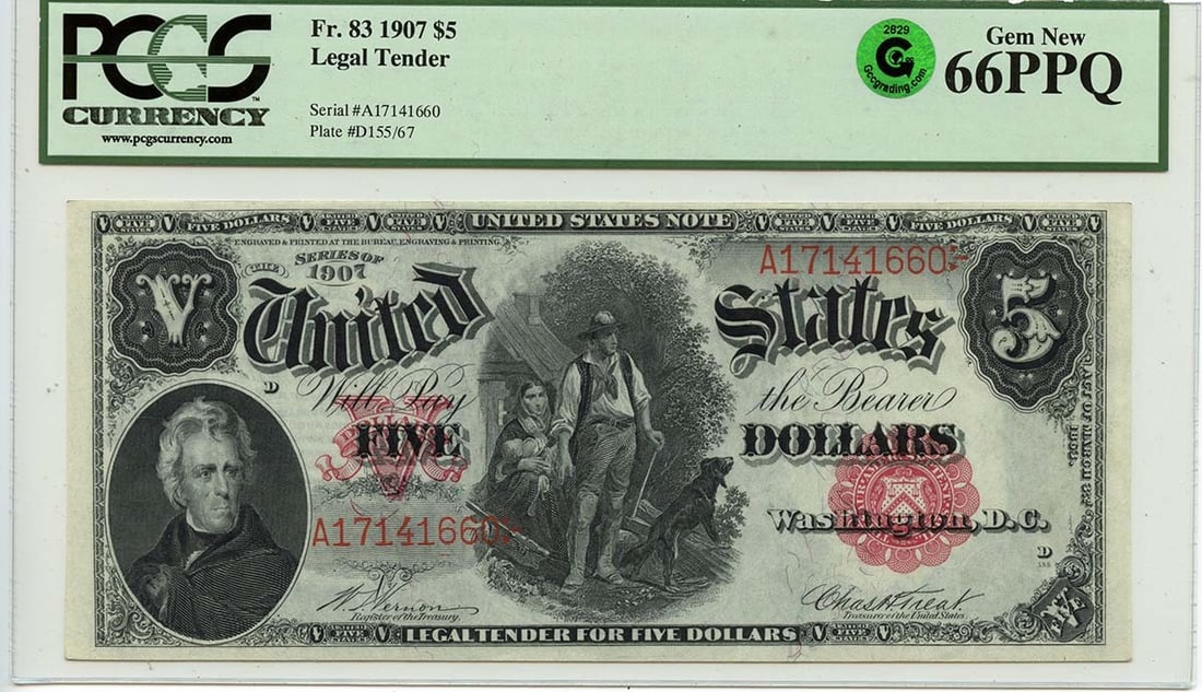 1907 $5 Legal Tender Note FR#83 PCGS GEM 66 PPQ Woodchopper GCC Green: 1907 $5 Legal Tender Note FR#83 PCGS GEM 66 PPQ Woodchopper GCC Green The 1907 $5 Legal Tender Note features a striking woodchopper design, a unique and iconic element in American currency. This PCGS 