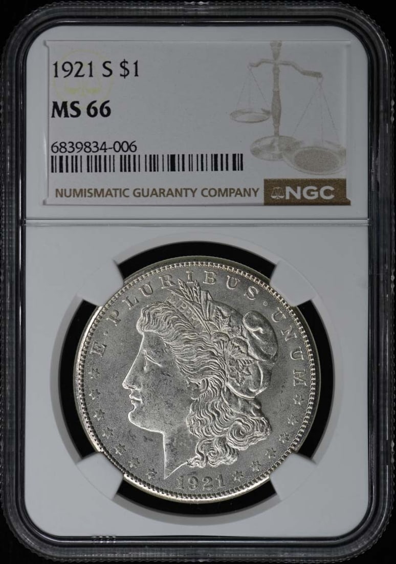 1921-S Morgan Dollar S$1 NGC MS66: 1921-S Morgan Dollar S$1 NGC MS66 The 1921-S Morgan Dollar S$1 NGC MS66 is an uncirculated coin with a high grade of MS66, indicating excellent condition and minimal wear. Certified by the Numismatic 