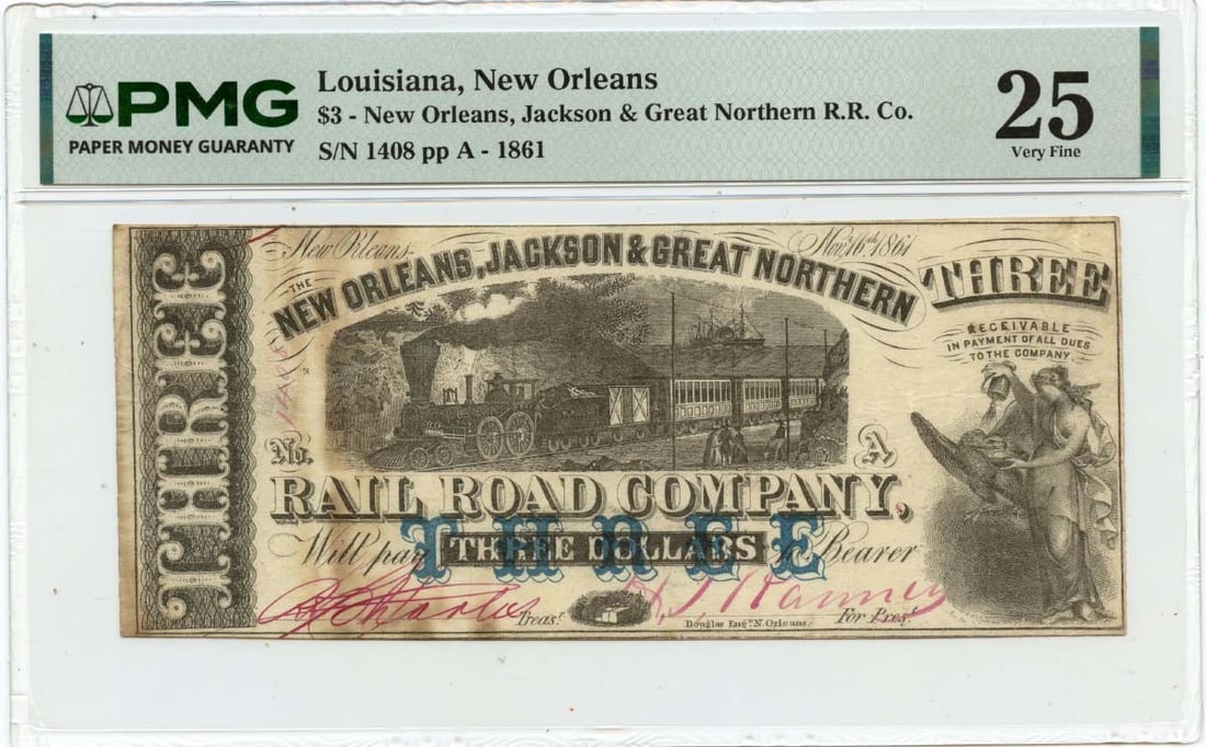 1861 $3 New Orleans Louisiana Obsolete Jackson & Great Northern R.R. Co PMG VF25: 1861 $3 New Orleans Louisiana Obsolete Jackson & Great Northern R.R. Co PMG VF25 This 1861 $3 Obsolete note from the Jackson & Great Northern R.R. Co features a unique design and bears a PMG VF25