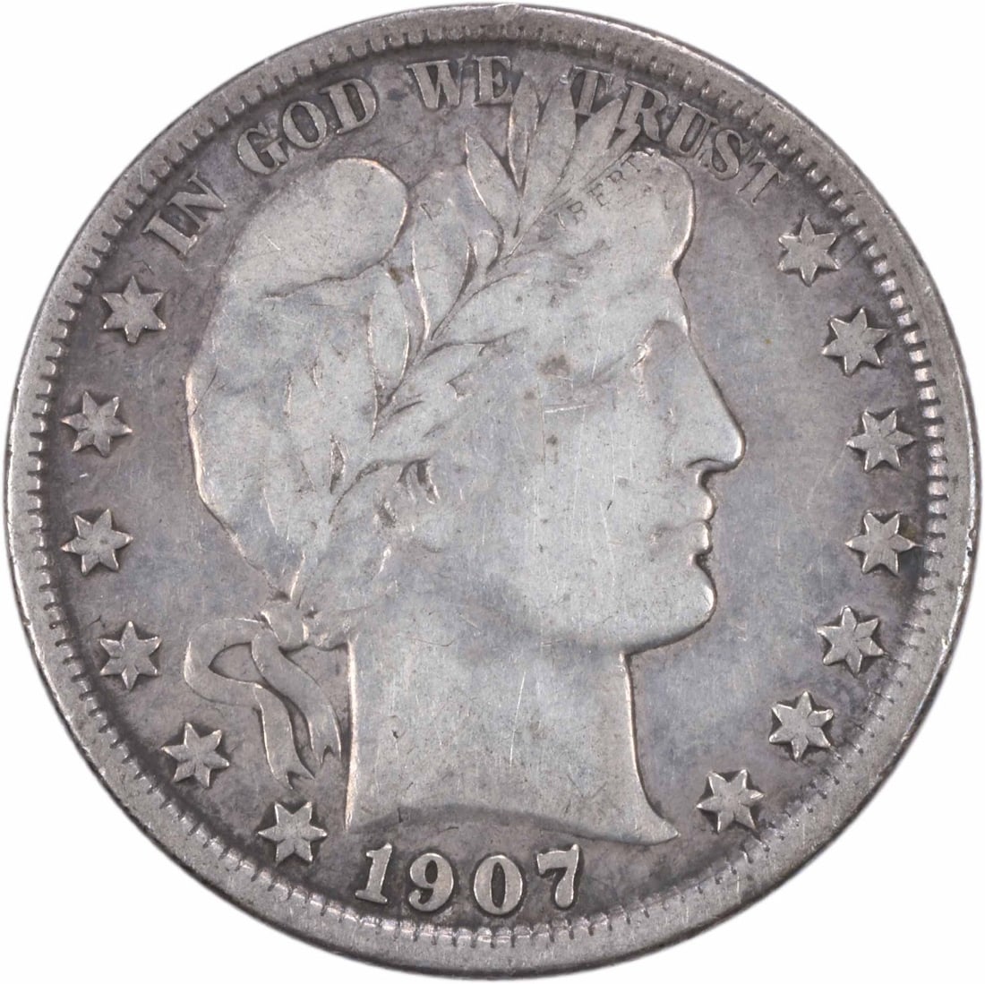 1907-S Barber Silver Half Dollar VF Uncertified: 1907-S Barber Silver Half Dollar VF Uncertified The 1907-S Barber Silver Half Dollar is a beautifully crafted coin with a rich history. Featuring the iconic Barber design, this circulated coin showcas