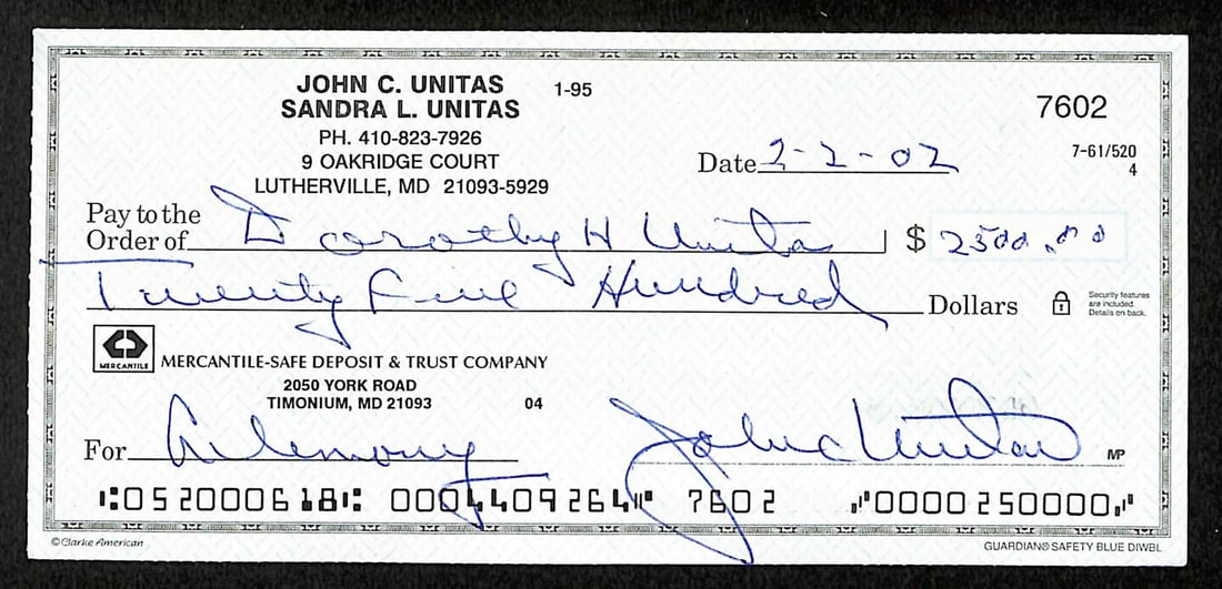 Johnny Unitas HOF Signed/ Autographed 2002 Bank Check Baltimore Colts JSA 199045: Johnny Unitas HOF Signed/ Autographed 2002 Bank Check Baltimore Colts JSA 199045 Item Specifics: Original/Reprint: Original Product: Check Sport: Football Product Disclaimer: Not affiliated with any t