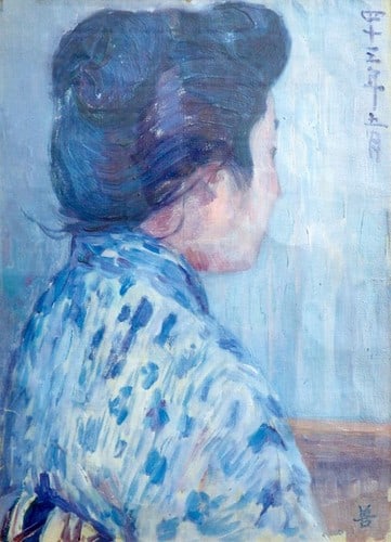 Woodblock print framed lady profile art Japanese yoga Zennosuke Tanaka (1 of 1)
