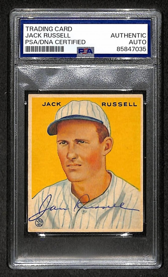 Jack Russell 1933 Goudey Card #123 Signed/ Autographed PSA/ DNA 210594: Jack Russell 1933 Goudey Card #123 Signed/ Autographed PSA/ DNA 210594 Signed by artist, this 1933 Goudey Card #123 features the iconic Jack Russell baseball player. The card has been authenticated an