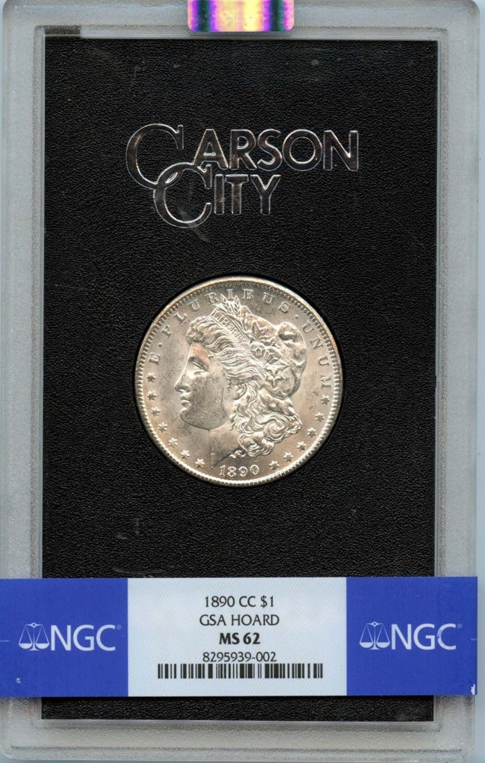 1890-CC Morgan Dollar GSA HOARD S$1 NGC MS62: 1890-CC Morgan Dollar GSA HOARD S$1 NGC MS62 The 1890-CC Morgan Dollar GSA HOARD S$1 NGC MS62 is an uncirculated coin with a high grade of MS62, certified by the Numismatic Guaranty Corporation (NGC).
