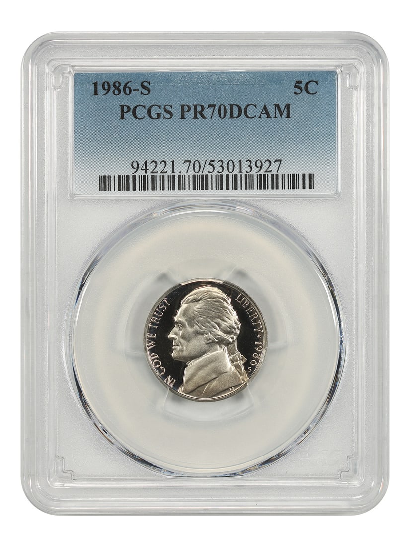 PCGS PR70DCAM 5C 1986-S Jefferson Nickel: PCGS PR70DCAM 5C 1986-S Jefferson Nickel PCGS PR70DCAM 5C 1986-S Jefferson Nickel, certified as uncirculated and graded PR70DCAM by the leading coin grading service PCGS. This 1986-S Jefferson Nickel 