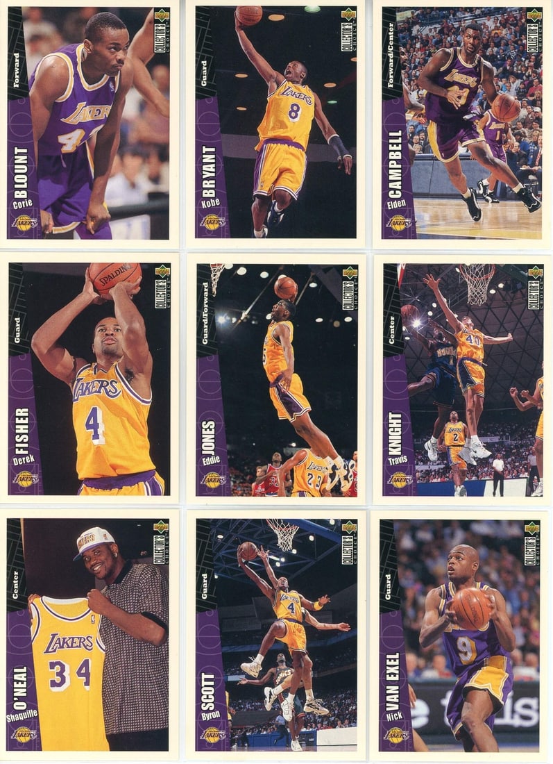 1996 Los Angeles Lakers Upper Deck Team Set of 9 Cards: 1996 Los Angeles Lakers Upper Deck Team Set of 9 Cards The 1996 Los Angeles Lakers Upper Deck Team Set features nine cards showcasing the team's players from that season. Each card includes player inf