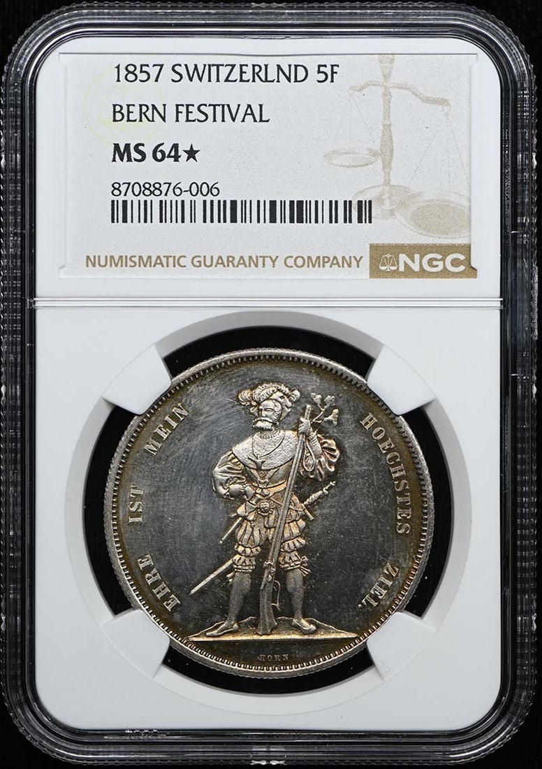 1857 SWITZERLND BERN FESTIVAL 5F NGC MS64* Star R-181a Martin-107: 1857 SWITZERLND BERN FESTIVAL 5F NGC MS64* Star R-181a Martin-107 The 1857 Switzerland Bern Festival Star R-181a coin is an uncirculated example with a high grade of MS64*. This rare coin features the