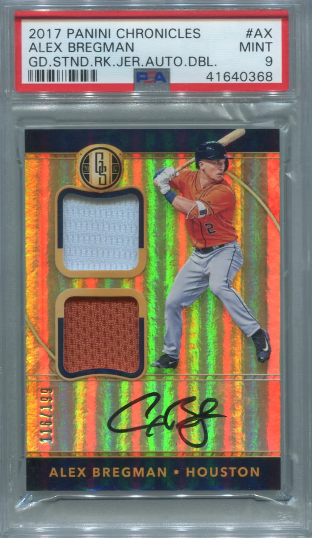 Panini Chronicles 2017 Gold Standard Gem PSA Gem MT 9 Auto Jersey Alex Bregman: Panini Chronicles 2017 Gold Standard Gem PSA Gem MT 9 Auto Jersey Alex Bregman Alex Bregman's 2017 Panini Chronicles Gold Standard #AX auto jersey card is graded Gem MT 9 by PSA, a rare and highly sou