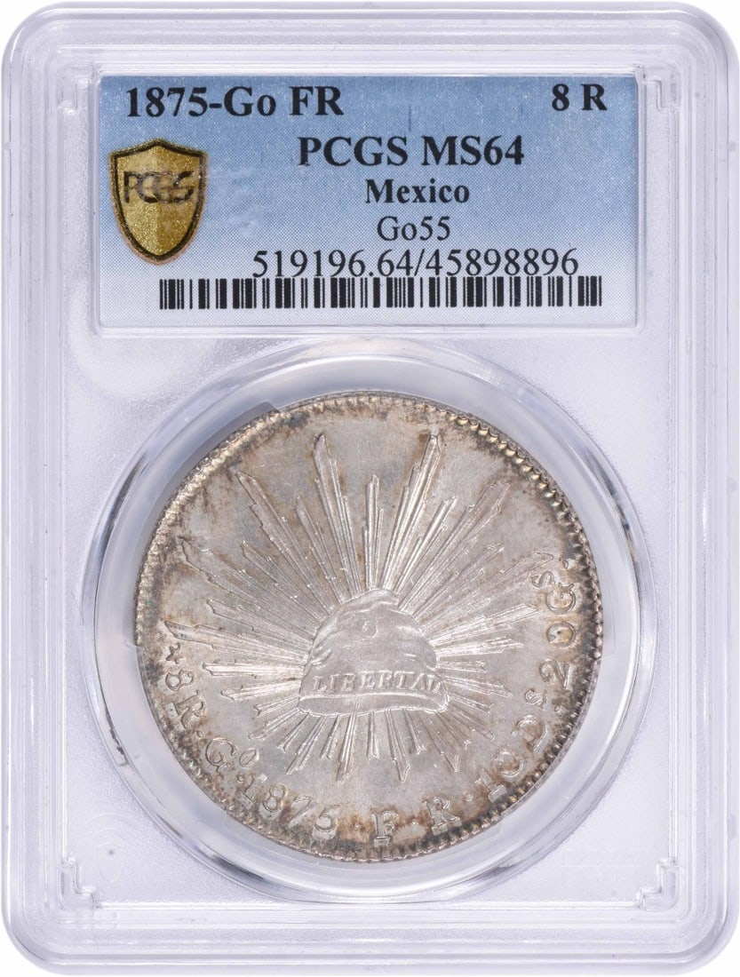 1875 Go FR Mexico 8 Reales MS64 PCGS: 1875 Go FR Mexico 8 Reales MS64 PCGS PCGS MS64 graded 1875 Go FR Mexico 8 Reales, a highly detailed and well-preserved circulated silver coin from the late 19th century. This piece boasts a striking s