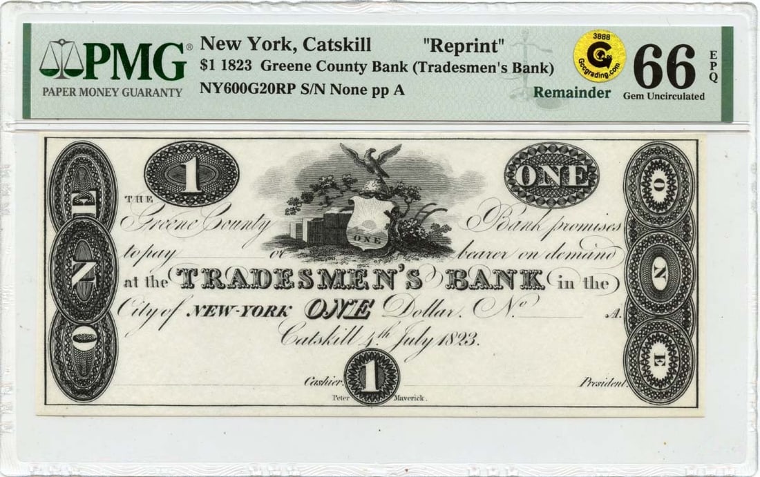 1823 $1 Catskill, New York Obsolete Reprint Tradesmen Bank PMG GEM 66 EPQ GCC: 1823 $1 Catskill, New York Obsolete Reprint Tradesmen Bank PMG GEM 66 EPQ GCC PMG grades the 1823 $1 Catskill, New York Obsolete Reprint Tradesmen Bank as MS66 Uncirculated. This note features a uniqu