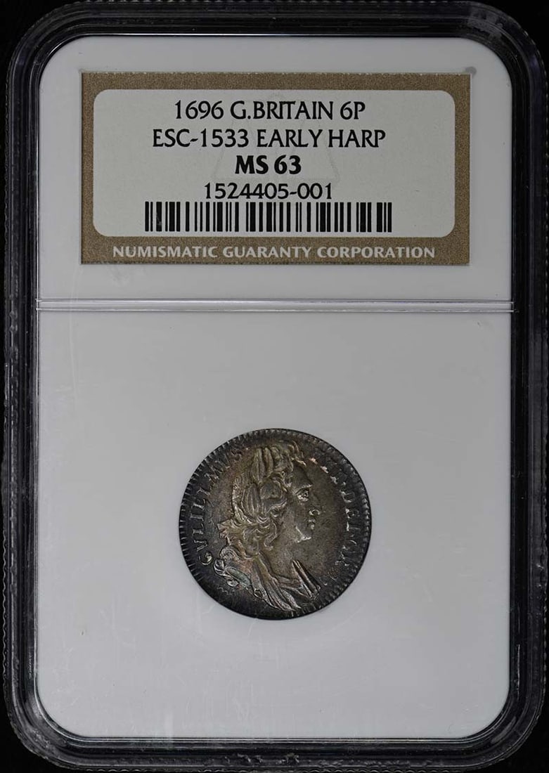 1696 ENGLAND ESC-1533 6P NGC MS63: 1696 ENGLAND ESC-1533 6P NGC MS63 Uncirculated, graded MS63 by the Numismatic Guaranty Corporation (NGC), this 1696 England ESC-1533 6P coin boasts a high level of preservation and detail. The NGC cer
