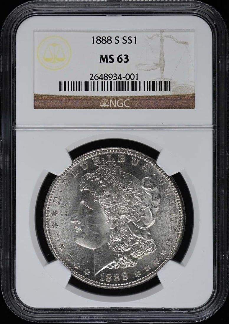 Morgan Dollar 1888-S $1 MS63: Morgan Dollar 1888-S $1 MS63 The Morgan Dollar 1888-S $1 MS63 is an uncirculated coin from the San Francisco Mint, certified by the NGC and graded MS63. This high-quality coin features a rich history 