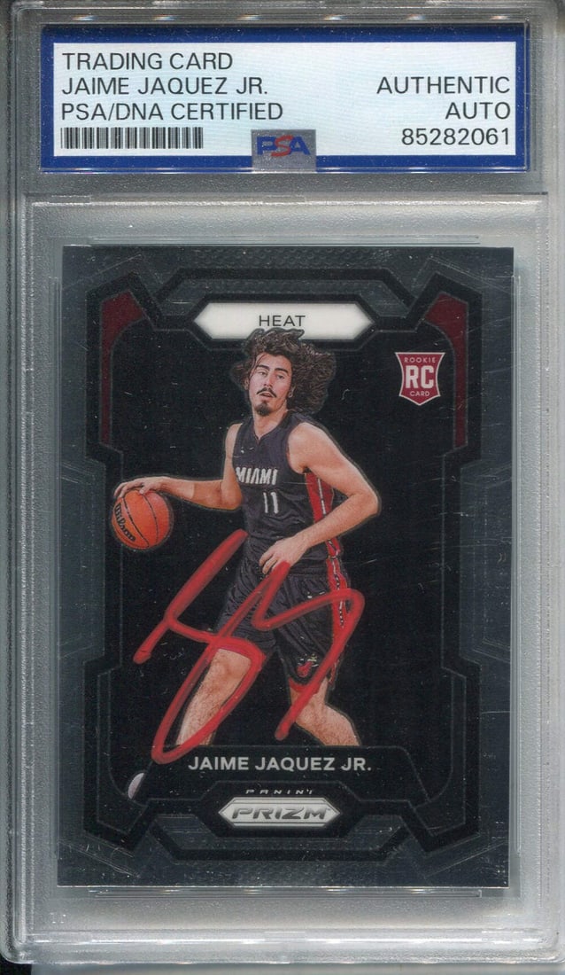 Jaime Jaquez Jr. Autographed Signed 2023-24 Panini Prizm Rookie Card (PSA): Jaime Jaquez Jr. Autographed Signed 2023-24 Panini Prizm Rookie Card (PSA) Jaime Jaquez Jr autographed 2023-24 Panini Prizm rookie card bears a signature from the basketball player. This PSA-certified