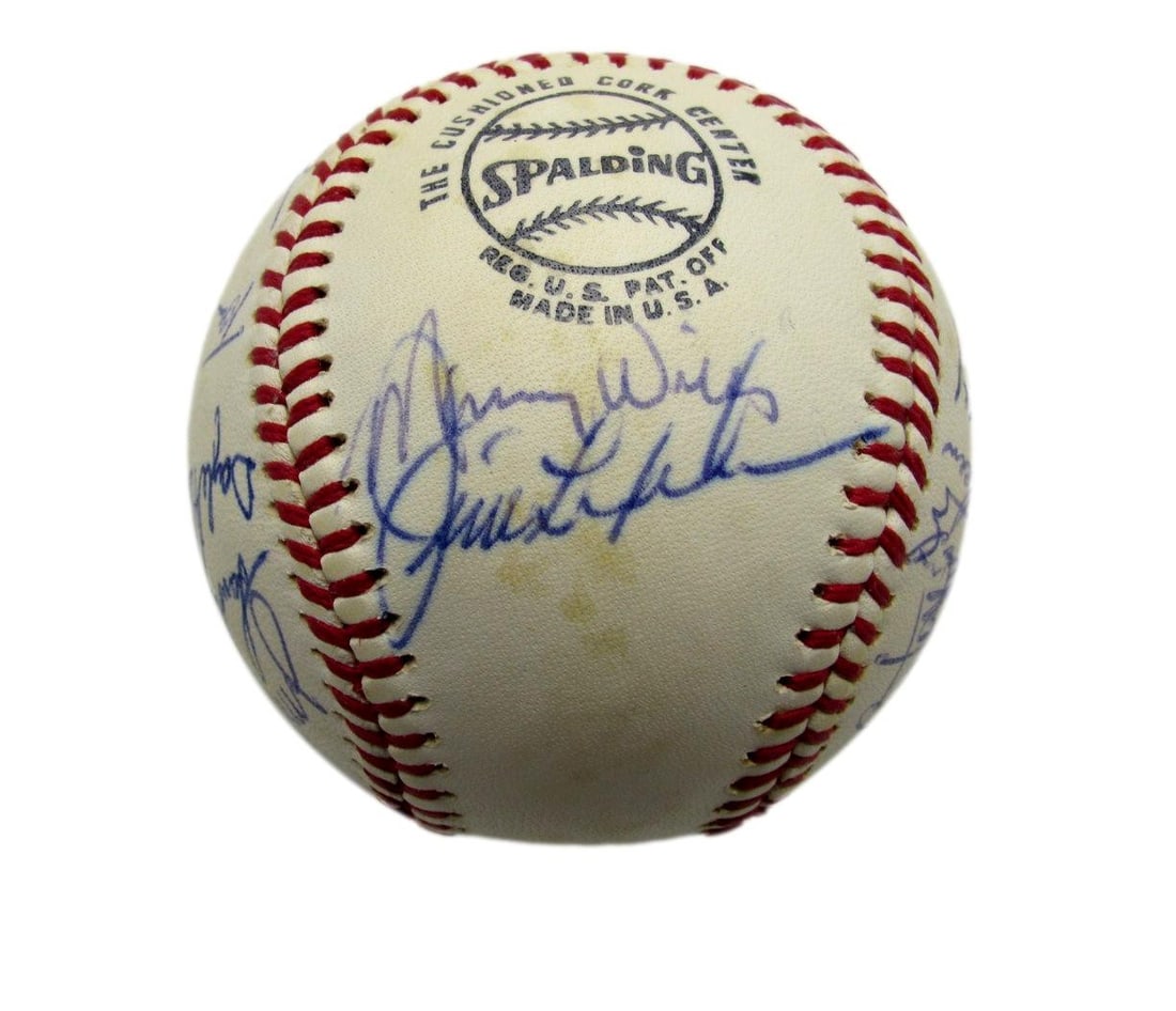 1971 Dodgers Team Signed by 16 ONL Baseball Garvey Wills Osteen Mota 198261: 1971 Dodgers Team Signed by 16 ONL Baseball Garvey Wills Osteen Mota 198261 The 1971 Los Angeles Dodgers baseball, signed by 16 notable players including Garvey, Wills, Osteen, and Mota, bears the mar