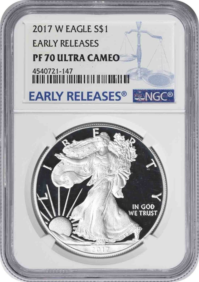 2017-W $1 American Silver Eagle PF70UCAM Early Releases NGC: 2017-W $1 American Silver Eagle PF70UCAM Early Releases NGC The 2017-W $1 American Silver Eagle PF70UCAM Early Releases NGC is a stunning proof coin featuring the iconic Adolph A. Weinman and John Mer