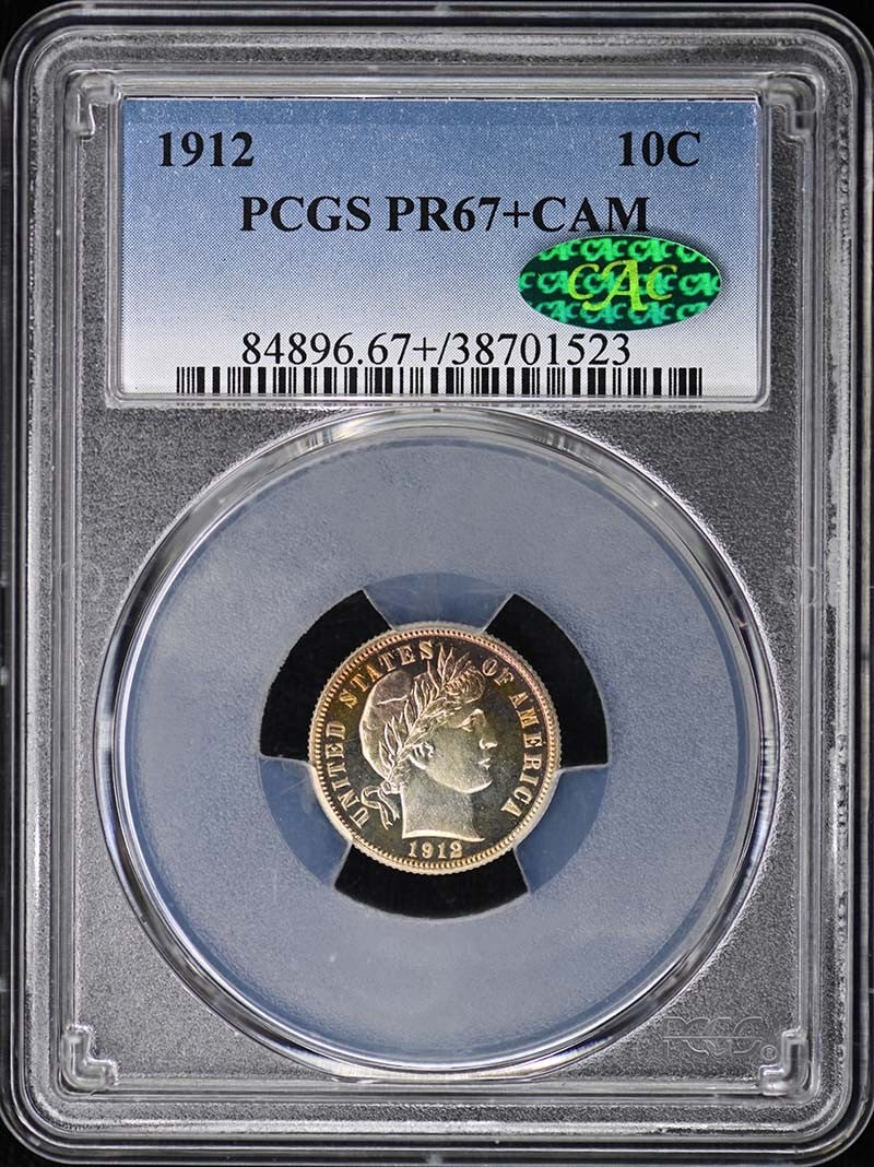 PCGS PR67+ CAM CAC 10C BARBER DIME 1912: PCGS PR67+ CAM CAC 10C BARBER DIME 1912 PCGS PR67+ CAM CAC 10C BARBER DIME 1912, certified by the prestigious Professional Coin Grading Service (PCGS) as a high-grade specimen with a grade of PR67+, b