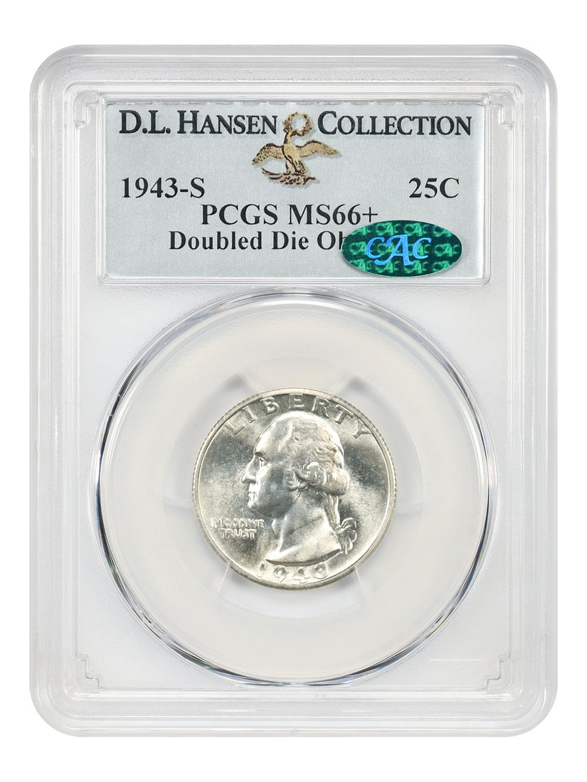 1943-S 25C PCGS/ CAC MS66+ (Doubled Die Obverse) ex: D.L. Hansen: 1943-S 25C PCGS/ CAC MS66+ (Doubled Die Obverse) ex: D.L. Hansen 1943-S 25C PCGS/ CAC MS66+ (Doubled Die Obverse) ex: D.L. Hansen - A highly graded, uncirculated 1943-S quarter dollar with a notable d