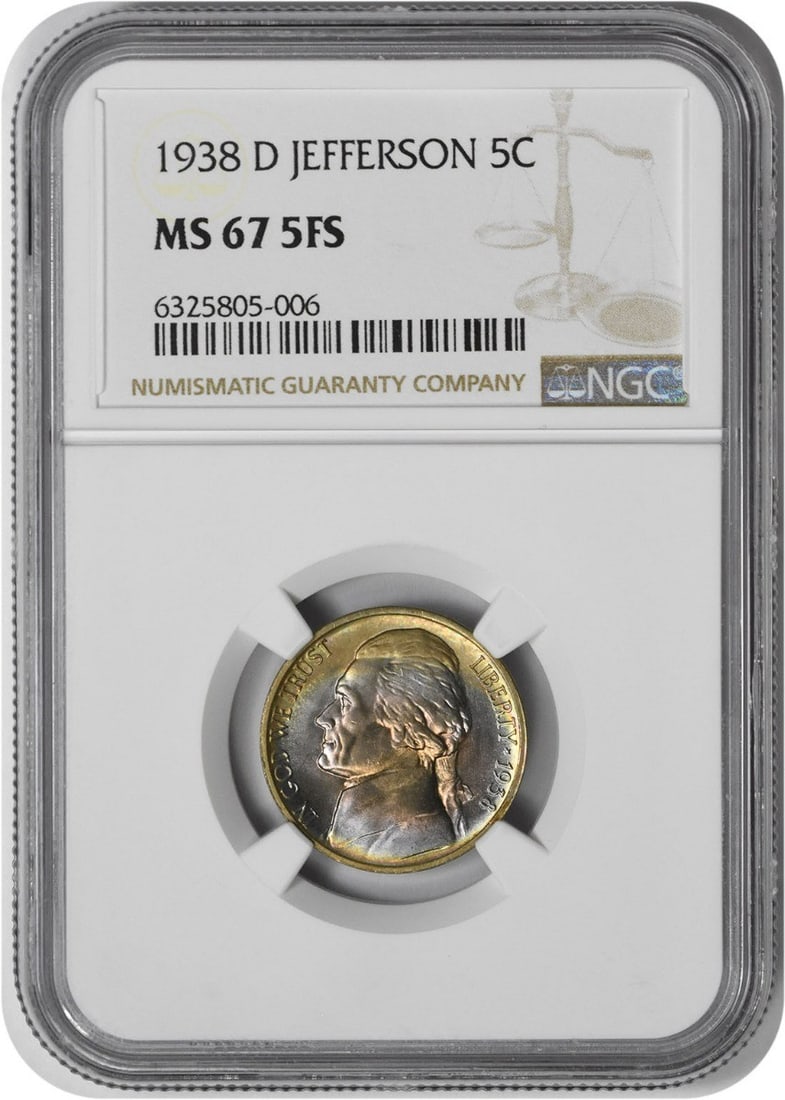 MS67 5FS 1938 D Jefferson Nickel: MS67 5FS 1938 D Jefferson Nickel MS67 5FS 1938 D Jefferson Nickel, certified by the NGC and graded MS67, boasts exceptional condition with a rich history dating back to 1938. This uncirculated coin fe