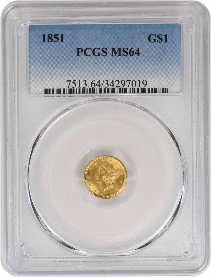 1851 $1 Gold Type 1 MS64 PCGS: 1851 $1 Gold Type 1 MS64 PCGS The 1851 $1 Gold Type 1 MS64 PCGS features a striking design by James Barton Longacre, with its reeded edge and intricate details. Certified by the PCGS as Uncirculated, 