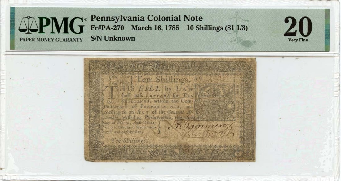 1785 March 16, 10 Shillings Pennsylvania Colonial Note FR#PA-270 PMG VF20: 1785 March 16, 10 Shillings Pennsylvania Colonial Note FR#PA-270 PMG VF20 The 1785 March 16, 10 Shillings Pennsylvania Colonial Note (FR#PA-270) is a rare and historic example of colonial currency. Th