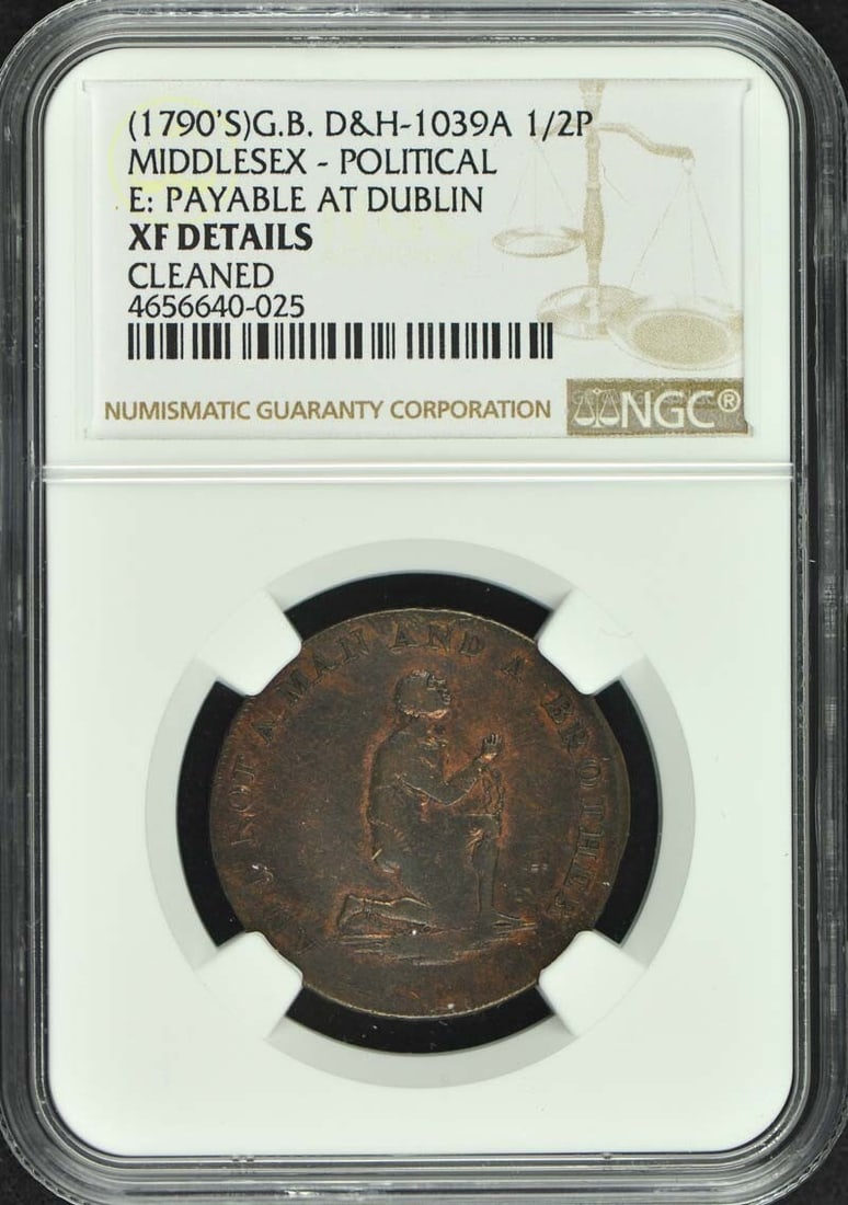 S.G.B.D&H-1039A NGC XF 1/ 2P MIDDLESEX Conder Token: S.G.B.D&H-1039A NGC XF 1/ 2P MIDDLESEX Conder Token XF graded Middlesex Conder Token, bearing the NGC certification number 4656640025, is a circulated example from an unknown year. The token's XF grad