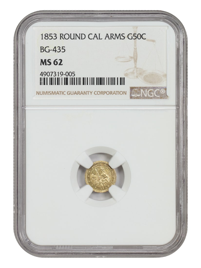 Cal Fractional: 1853 50C NGC MS62 (BG-435) - California Fractional Gold: Cal Fractional: 1853 50C NGC MS62 (BG-435) - California Fractional Gold The 1853 California Fractional Gold Half Dollar, graded NGC MS62 (BG-435), boasts an impressive level of preservation and histor
