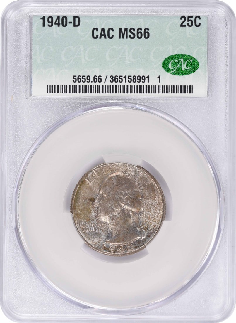 1940-D Washington Silver Quarter MS66 CACG: 1940-D Washington Silver Quarter MS66 CACG The 1940-D Washington Silver Quarter MS66 CACG boasts exceptional mint state condition, with its reeded edge and detailed design showcasing the work of renow