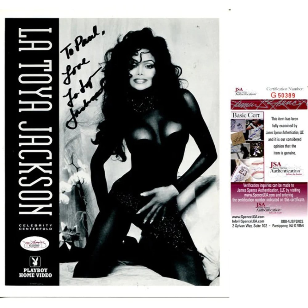 Latoya Jackson Signed 8x10 JSA: Latoya Jackson Signed 8x10 JSA Signed in black sharpie by Latoya Jackson, this 8x10 photo bears the artist's signature. Certified authentic by James Spence Authentication (JSA), this item provides a u