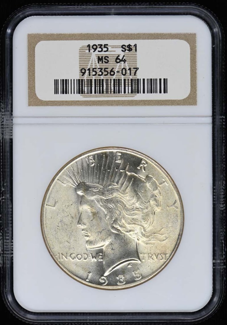 1935 Peace Dollar S$1 NGC MS64: 1935 Peace Dollar S$1 NGC MS64 The 1935 Peace Dollar, certified by the Numismatic Guaranty Corporation (NGC) as MS64, is an uncirculated example from the Philadelphia mint. This coin features a striki