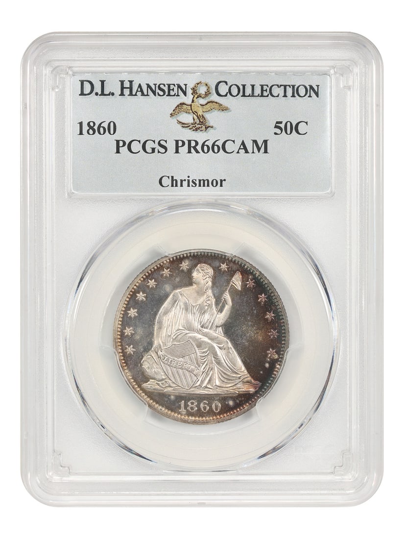1860 50C PCGS PR66CAM ex: D.L. Hansen/ Chrismor: 1860 50C PCGS PR66CAM ex: D.L. Hansen/ Chrismor The 1860 50C PCGS PR66CAM is a highly graded uncirculated coin, certified by the Professional Coin Grading Service (PCGS) with a grade of PR66CAM. This 